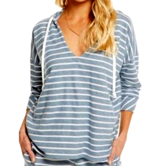Chaser Tops - CHASER French Terry Blue & White Striped Hooded Pullover Size M